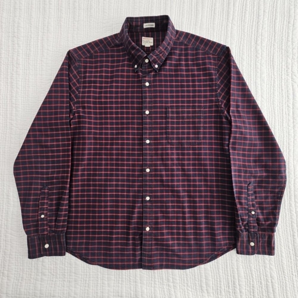 J. Crew Untucked Shirt Men's L Large Red‎ Blue Check Slim Pima Cotton Well Made